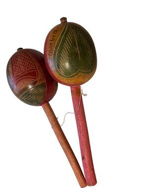 Handcrafted Colombian Maracas With Colorful Carved Gourd Design And Wooden Handl